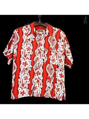 Tiki Palm Rayon Red White Hawaiian Camp Shirt XL Surf Board Lei Button Front